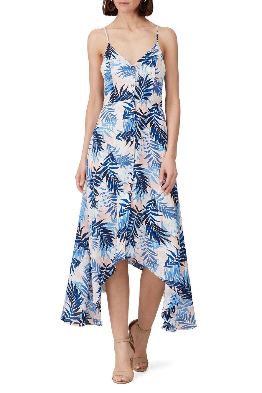 Slate & Willow Blue Tropical Leaf Print Handkerchief Hem Sleeveless Dress Size S